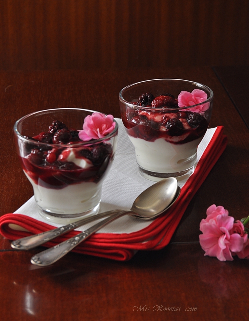 Compote of red fruits with yogurt